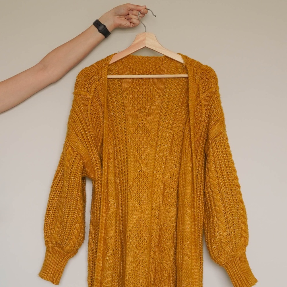 Mustard Yellow Duster Cardigan with Puff Sleeves